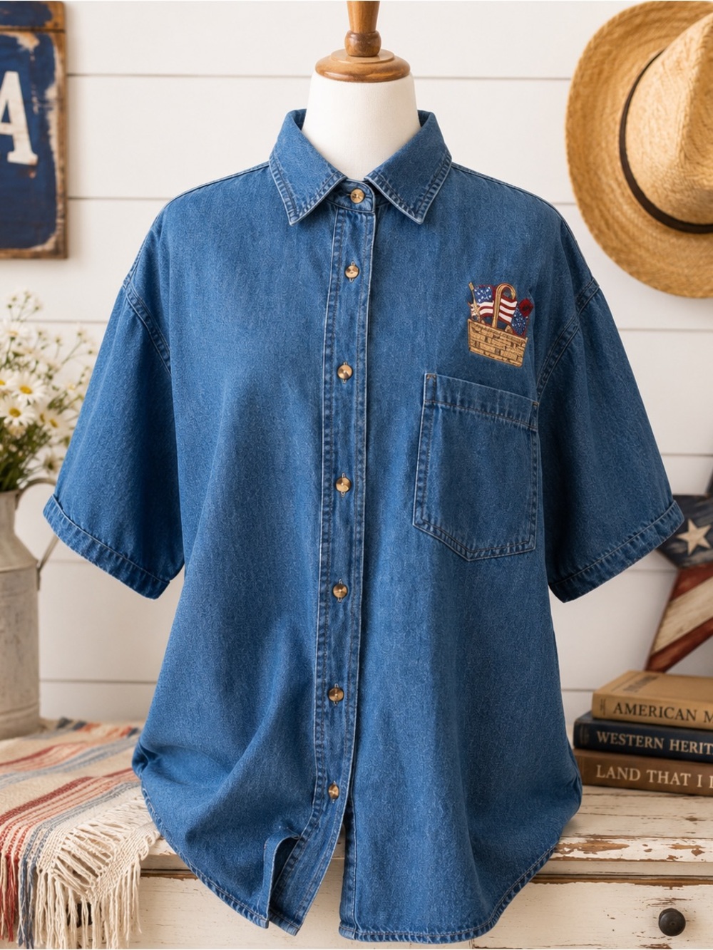 Vintage Haiks Denim Shirt XL Patriotic USA Flag Embroidered Front & Back 80s